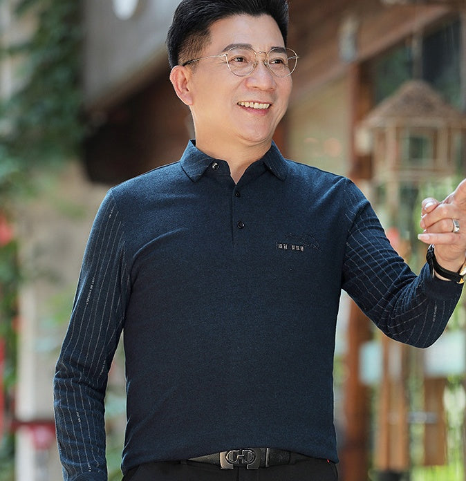 Long-sleeved T-shirt With Lapel Base For Middle-aged Man