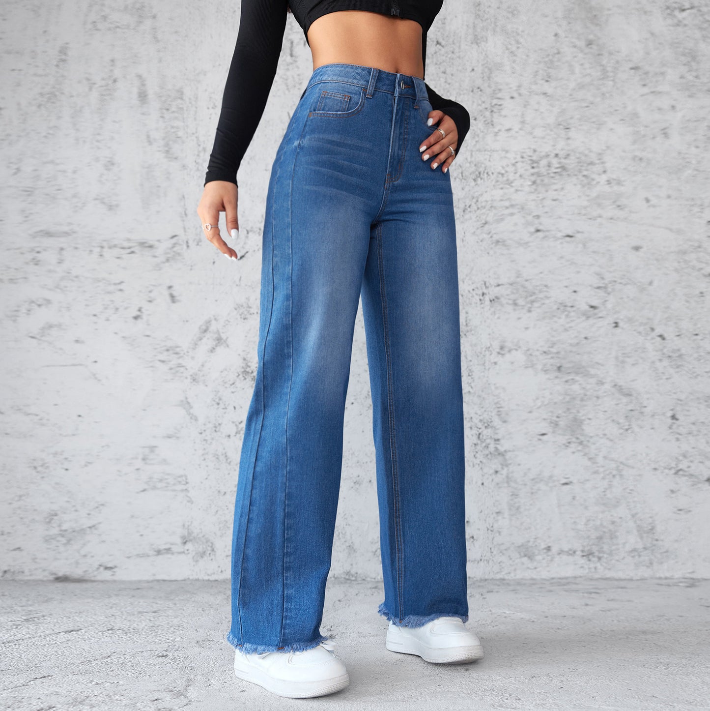 Fashion Straight Wide-leg Jeans Casual High-waist Non-elastic Womens Clothing