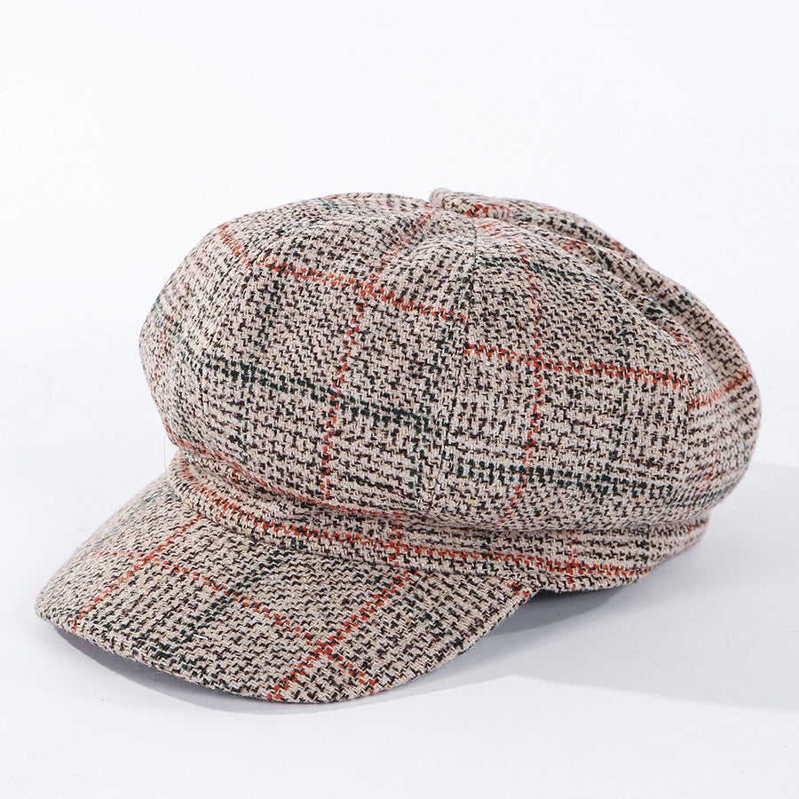 Thickened Plaid Woolen Octagonal Cap Women