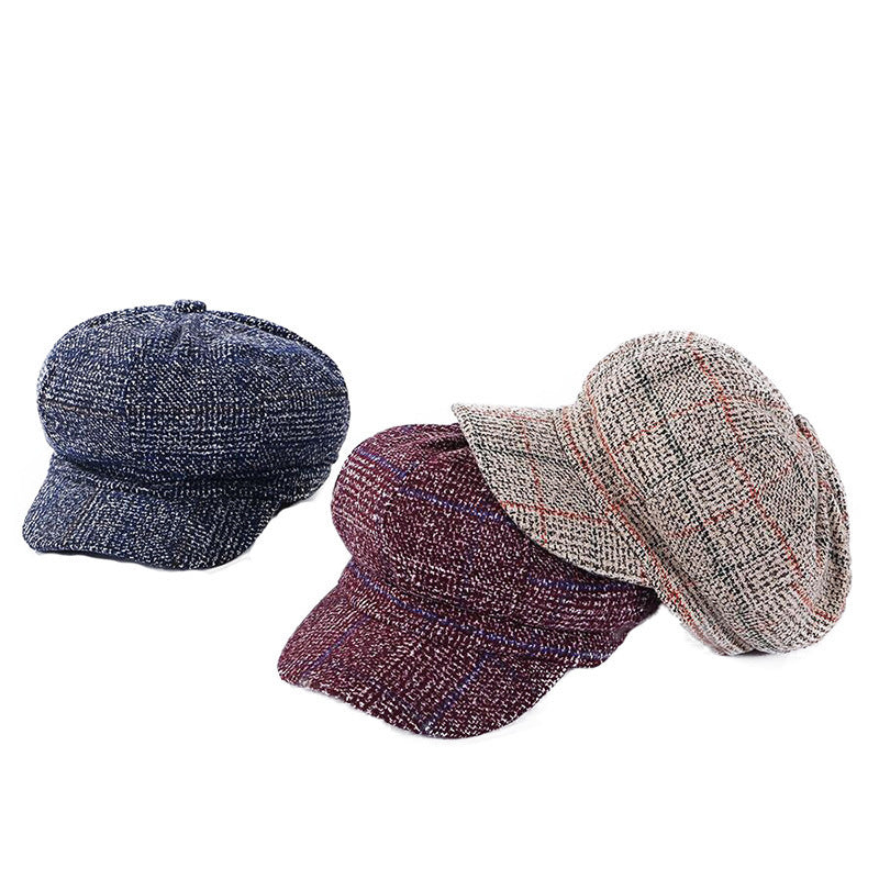 Thickened Plaid Woolen Octagonal Cap Women