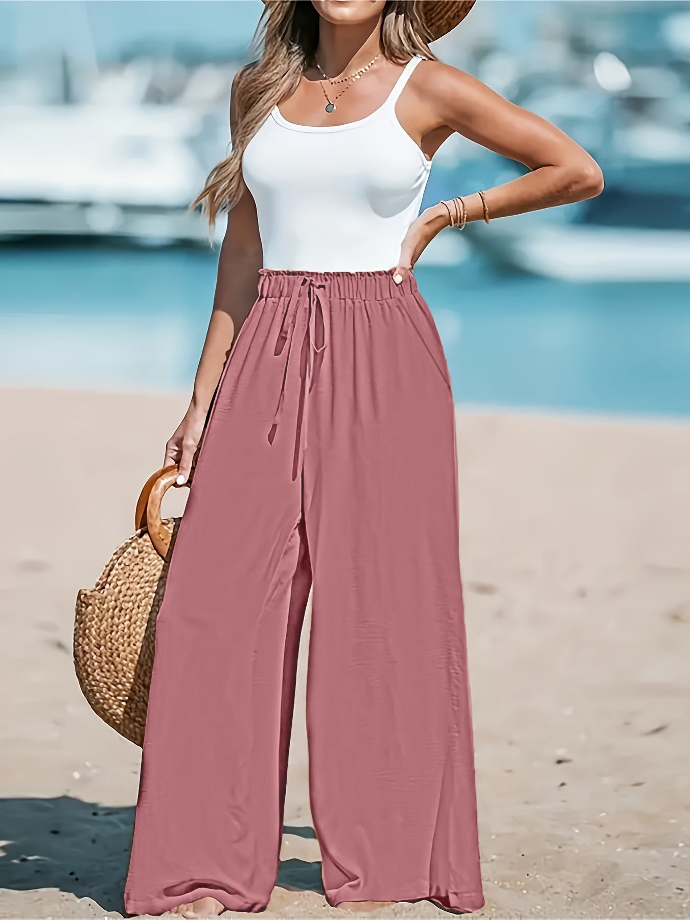 Women's Fashion Fake Drawstring Loose Casual Wide-leg Trousers