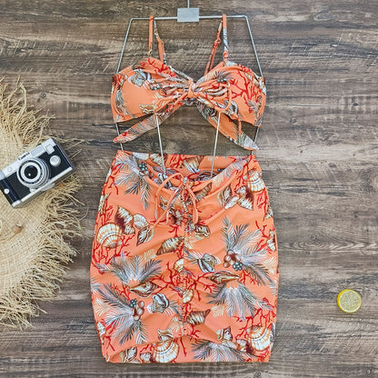 Printed Tube Top Bikini Three Piece Swimsuit Split Women